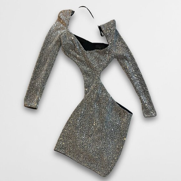 Michael Costello X Revolve Vula Mini Dress Silver Sequins Long Sleeve Cutout Bod - Picture 2 of 5
